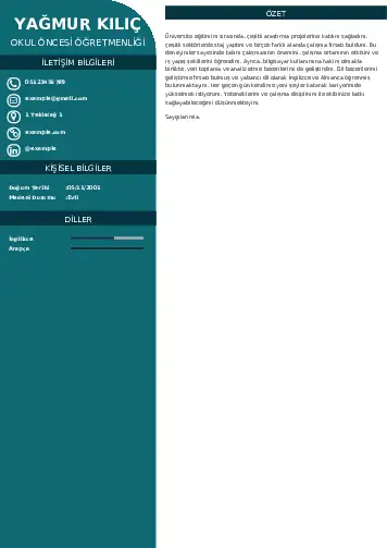 Okul Öncesi Öğretmeni Öğretmenliği Cv Örnekleri cv indir